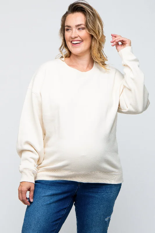 Ivory Soft Knit Fleece Lined Maternity Plus Sweatshirt Hoodie with Hidden Zipper Minimalist Clean