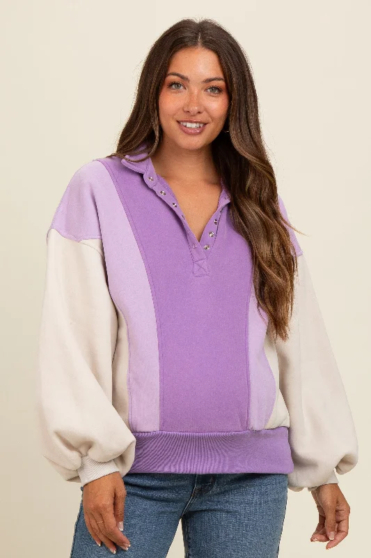 Lavender Colorblock Snap Button Maternity Polo Sweatshirt Oversized Hoodie Comfort Casual