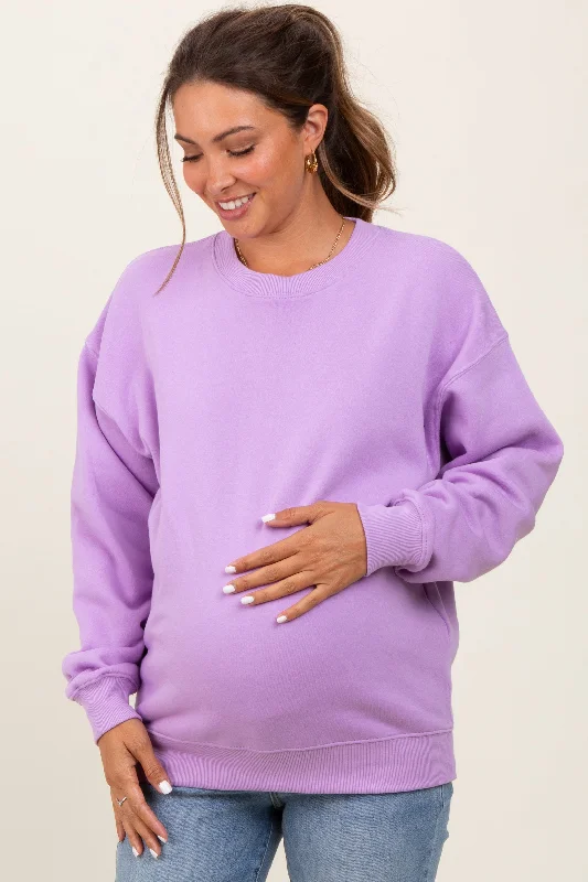 Lavender Fleece Crew Neck Relaxed Fit Maternity Sweatshirt Hoodie with Rolled Sleeves Casual Relaxed