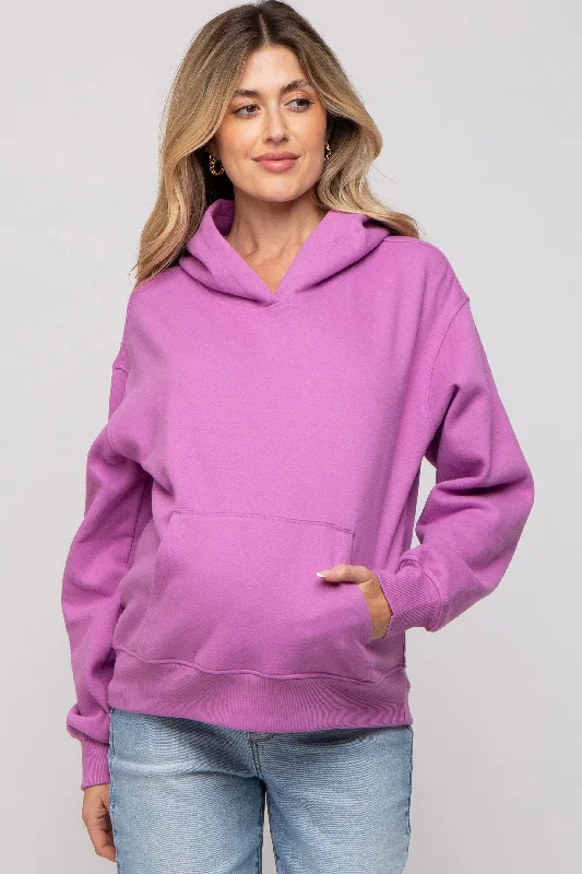 Lavender Front Pocket Hooded Fleece Maternity Sweatshirt Hoodie with Drawstring Waist Adjustable Fitted