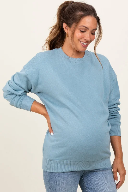 Light Blue Fleece Crew Neck Relaxed Fit Maternity Sweatshirt Hoodie with Reflective Safety Nightwear