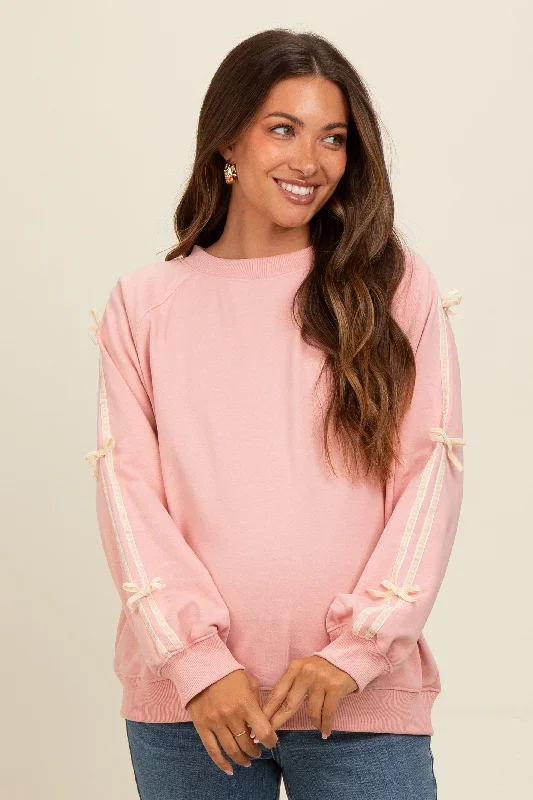 Light Pink Velvet Bow Accent Maternity Sweatshirt Hooded Sweatshirt Casual Wear Street Style