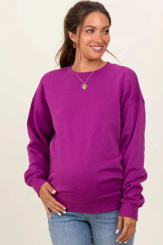 Magenta Fleece Crew Neck Relaxed Fit Maternity Sweatshirt Hoodie with Drop Shoulder Relaxed Streetwear