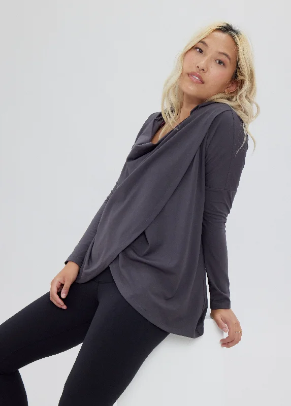 Active Wrap Maternity + Nursing Sweatshirt Gray Hoodie with Set-In Sleeves Structured Classic