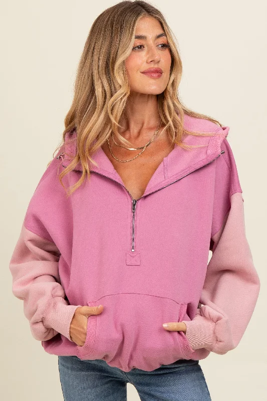 Mauve Colorblock Half Zip Maternity Hoodie Hoodie with Drop Shoulder Relaxed Streetwear