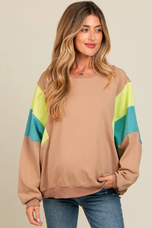 Mocha Colorblock Dolman Sleeve Maternity Sweatshirt Hoodie with Side Slits Relaxed Casual