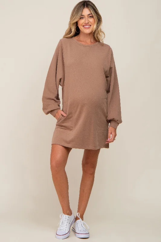 Mocha Ultra Soft Maternity Sweatshirt Dress Hoodie with Button Placket Classic Preppy