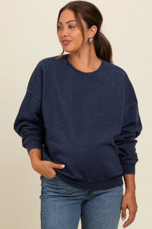 Navy Blue Heather Crewneck Maternity Sweatshirt Hoodie with Drop Shoulder Relaxed Streetwear