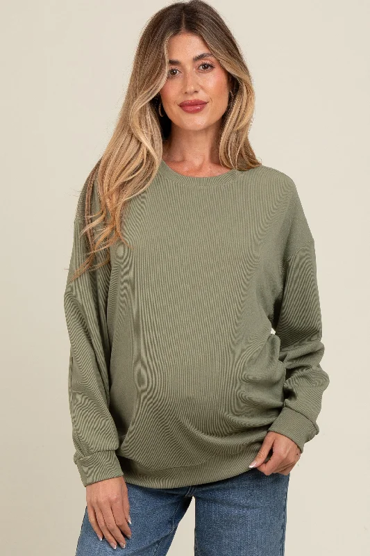 Olive Drop Shoulder Maternity Sweatshirt Hoodie with Hem Applique Textured Unique