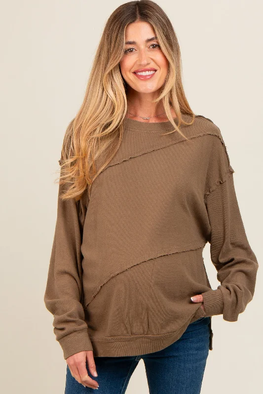 Olive Exposed Seam Dolman Sleeve Maternity Sweatshirt Hoodie with Drawstring Waist Adjustable Fitted