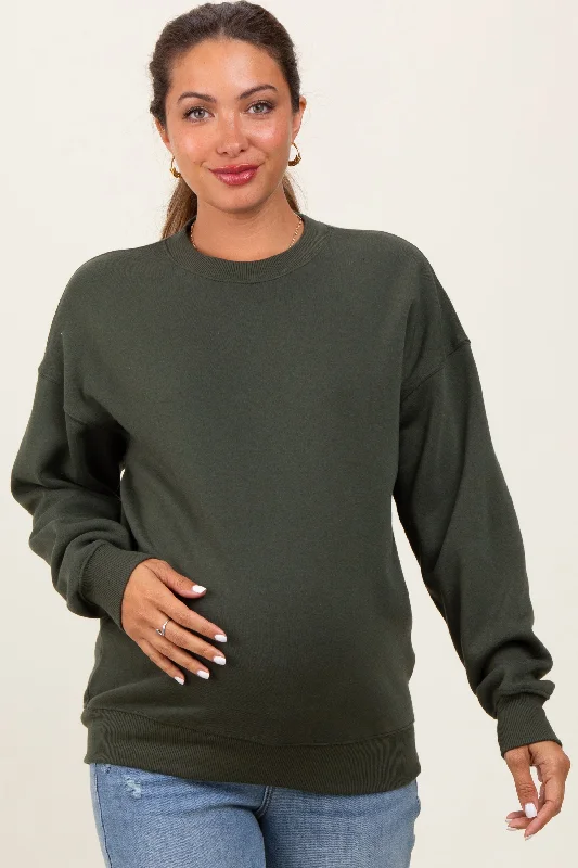 Olive Fleece Crew Neck Relaxed Fit Maternity Sweatshirt Hoodie with Gradient Ombre Colorful