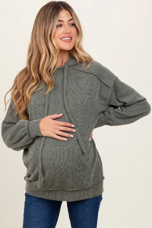 Olive Ribbed Front Pocket Maternity Drawstring Hoodie Hoodie with Full-Zip Functional Layering