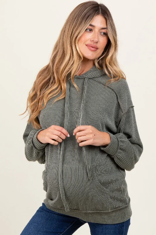 Olive Ribbed Front Pocket Maternity Drawstring Hoodie Hoodie with Side Slits Relaxed Casual