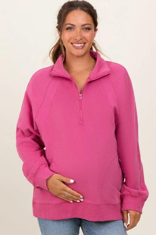 Pink Half Zip Contrast Rib Sweatshirt Maternity Top Hoodie with High Neck Warm Protective