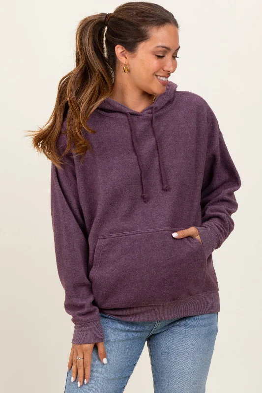 Purple Brushed Knit Oversized Maternity Hoodie Hoodie with Back Slit Movement Comfort