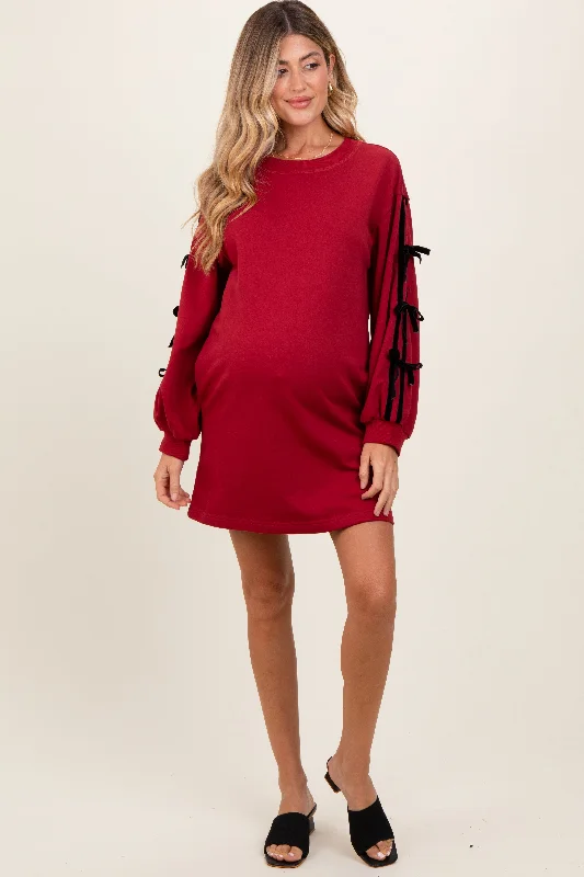 Red Bow Detail Long Sleeve Sweatshirt Maternity Mini Dress Hoodie with Drawcord Adjustable Secure