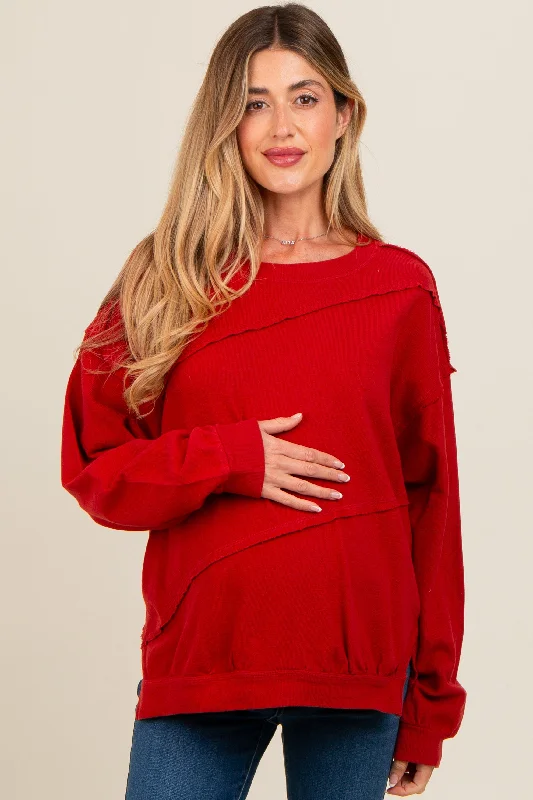 Red Exposed Seam Dolman Sleeve Maternity Sweatshirt Hoodie with Hem Drawcord Adjustable Customizable