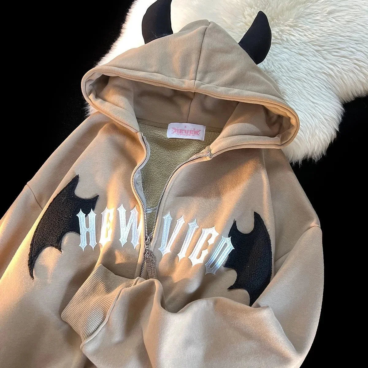 Retro Little Devil Horn Hoodies Y2k Women Letter Embroidery Zipper Hooded Sweatshirt Harajuku Casual Loose Jacket Coats Hoodie with Pocket Utility Practical