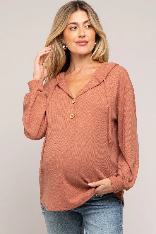 Rust Button Accent Hooded Maternity Henley Top Hoodie with Hem Ribbing Snug Secure