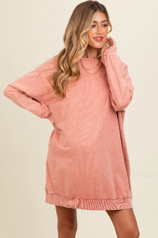 Salmon Mineral Wash Maternity Sweatshirt Dress Hoodie with Drop Shoulder Relaxed Streetwear