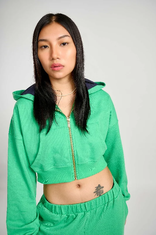 Seafoam Crop Zipper Hoodie Hoodie with Pattern Geometric Abstract