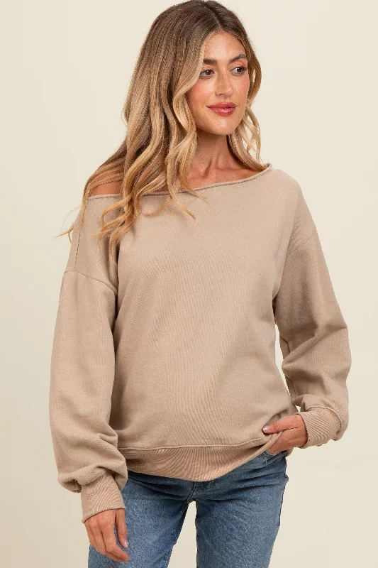 Taupe One Shoulder Maternity Sweatshirt Hoodie with Tie-Dye Psychedelic Retro