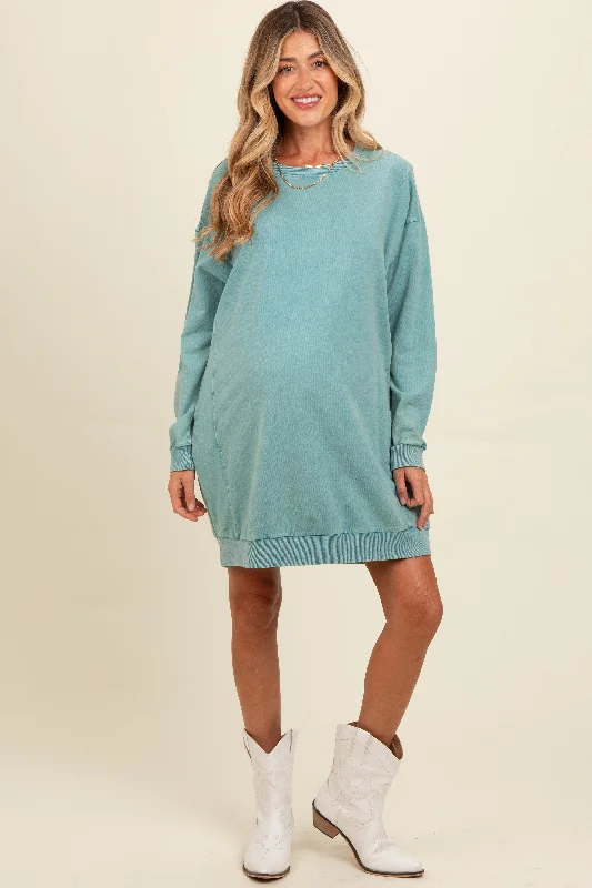 Teal Mineral Wash Maternity Sweatshirt Dress Hoodie with Oversized Fit Loose Comfortable