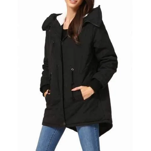 Hooded High Low Parka - Black Xs Hoodie with Ribbed Neckline Snug Warm