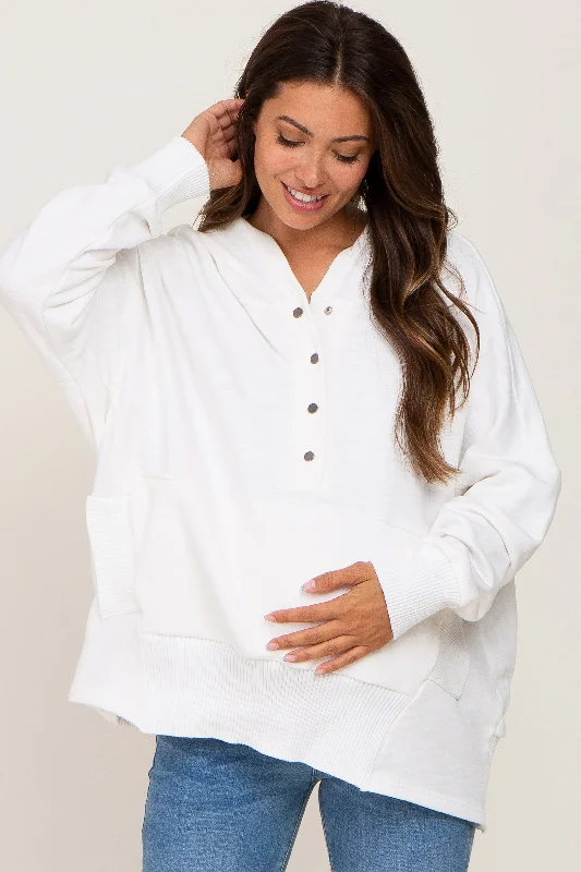 White Button Front Ribbed Trim Hooded Maternity Sweatshirt Hoodie with Hem Frayed Vintage Worn