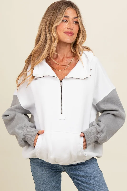 White Colorblock Half Zip Maternity Hoodie Hoodie with Relaxed Fit Easy Casual