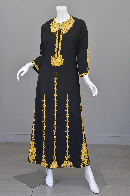 1970s Black Wool Gold Embroidered A-Line Caftan Maxi Dress Elegant Lace-Up Maxi Dress