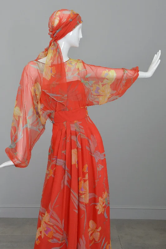 1960s 70s Designer Floral Print Chiffon Obi Sash Kimono Maxi Dress from Bergdorf Goodman Comfortable Ruffle Hem Maxi Dress