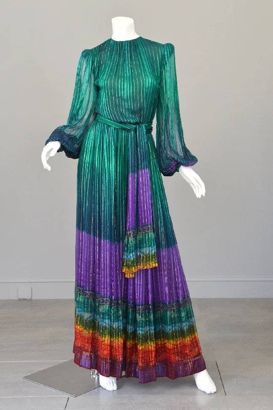 RESERVED 1970s Sheer Peacock Rainbow Silk Maxi Dress with Poet Sleeves Vintage Dress Stylish Maxi Dress with Frills