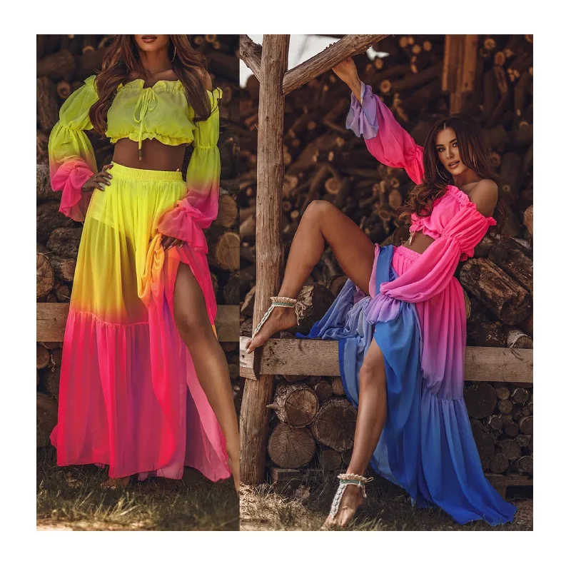 2022 New Spring&Fall Sexy Chiffon dress set Long Sleeve Maxi Skirts two piece set dresses autumn maxi dress Elegant Silk Maxi Dress