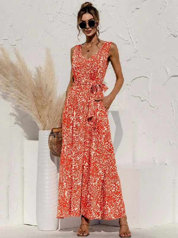 FashionSierra - Boho V Neck Sleeveless Pocket Floral Maxi Dress Trendy Button Front Maxi Dress