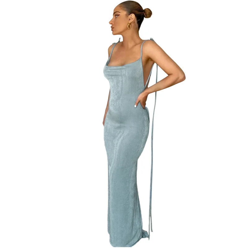 2022 Women Swing Collar Backless Maxi Dress Sexy Spaghetti Strap Slim Sleeveless Prom Dress Long Club Party Beach Dress Outfits Elegant Sleeveless Maxi Dress