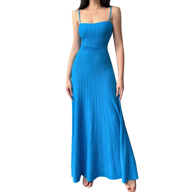 2023 Long Elegant Solid Color Slip Knitted Bodycon Maxi Dress Beach Dress Spaghetti Strap Draped Club Maxi Dress Sundress Comfortable Maxi Dress with Belt