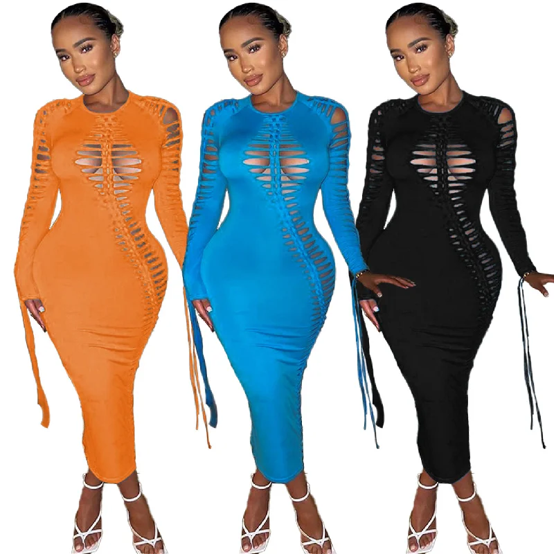 2023 New Arrival Women Fall Dresses For Women Sexy Long Sleeve Dresses Cut Out Lace Up Sexy Bodycon Maxi Dress Cozy Knitted Maxi Dress