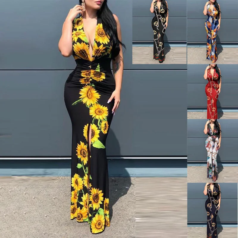 2023 New Arrivals Women Summer Bohemia Casual Dresses Deep V Neck Sunflower Boho Maxi Dresses Ladies For Female Mujer Comfortable Fitted Maxi Dress