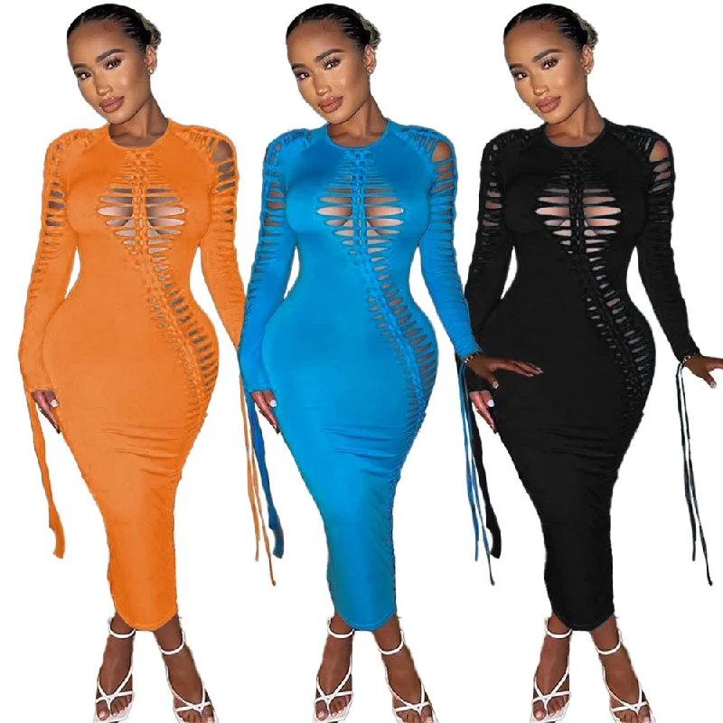 2023 New Fashion Women Fall Dresses For Women Sexy Long Sleeve Dresses HOLLOW OUT Cut Out Lace Up Sexy Bodycon Maxi Dress Trendy Maxi Dress with Belt