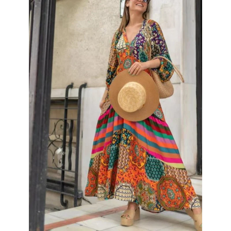 2023 Non Stretch Light Weight Flowy Cute Flattering Roomy Summer Chic Versatile.v Neck Sing It Louder Printed Boho Maxi Dress Comfortable Maxi Dress with Sleeves