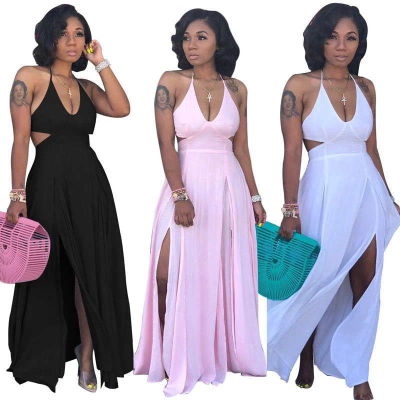 90805-MX1 summer cool sexy halter design split maxi dress women Classic Black Maxi Dress