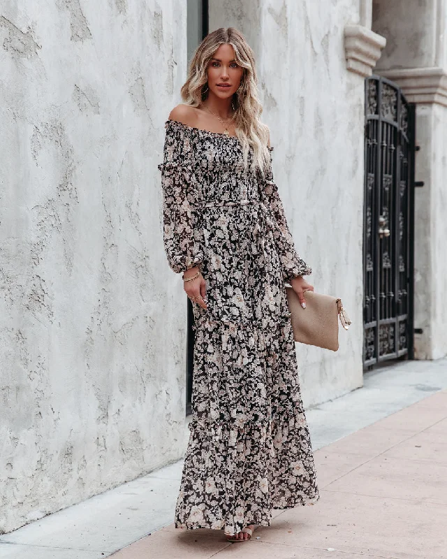 Alexandria Floral Smocked Off The Shoulder Maxi Dress Comfortable Bohemian Maxi Dress