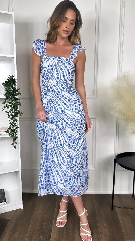 Alivia Blue Broderie Anglaise Maxi Dress Trendy Maxi Dress with Bow