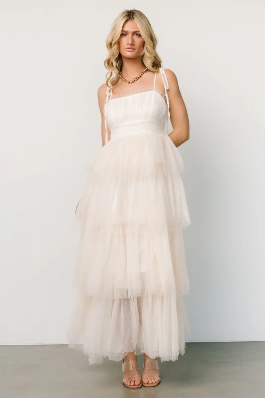 Alora Tulle Tiered Maxi Dress | Cream Trendy Short Sleeve Maxi Dress