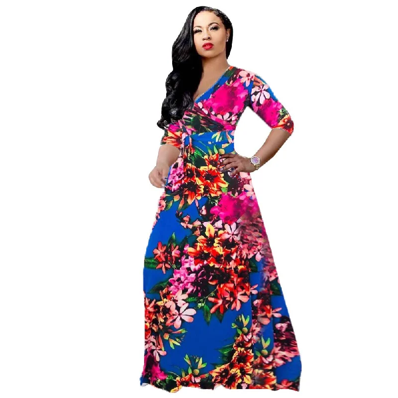 Amazon Hot Sale  Casual Deep V-neck Print  Flower  Maxi Dress Plus Size Long Sleeve Prom Fashion Dress Trendy Floral Print Maxi Dress