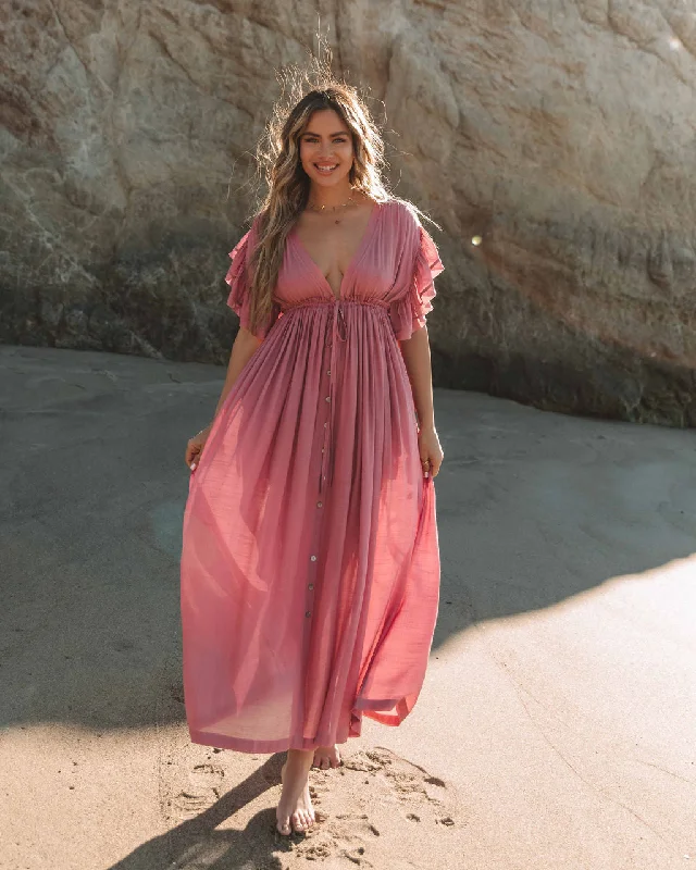 Anika Pocketed Button Down Ruffle Maxi Dress - Desert Rose Stylish A-Line Maxi Dress