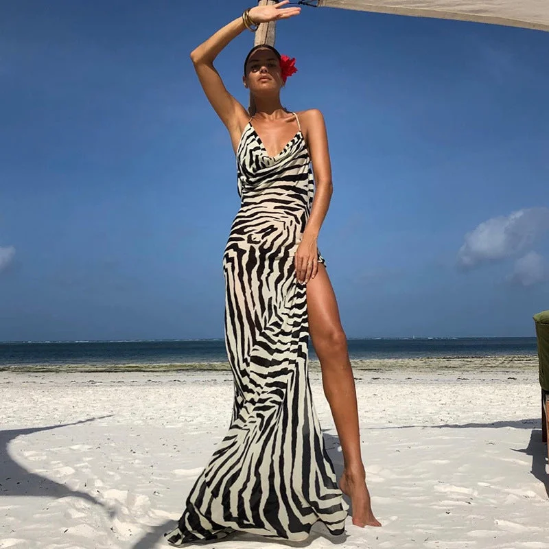 ANSKZTN Women Casual Zebra Stripe Print Sexy  Party Club Wear evening Slimming Spaghetti Strap Slit Maxi Dress Elegant Maxi Dress with Drapes