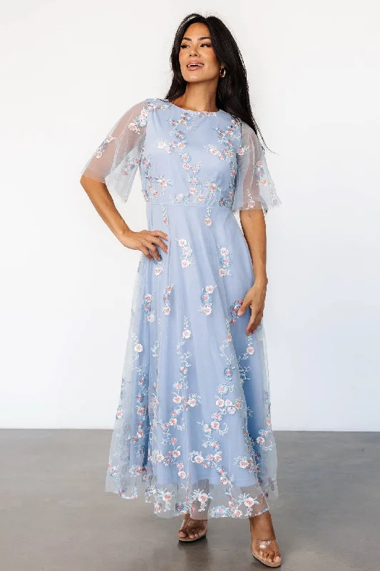 Arabella Embroidered Tulle Maxi Dress | Light Blue + Blush Classic V-Neck Maxi Dress