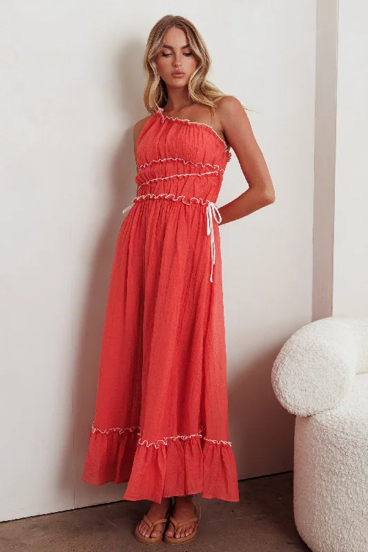 Ballad One-Shoulder Maxi Dress Coral Trendy A-Line Maxi Dress